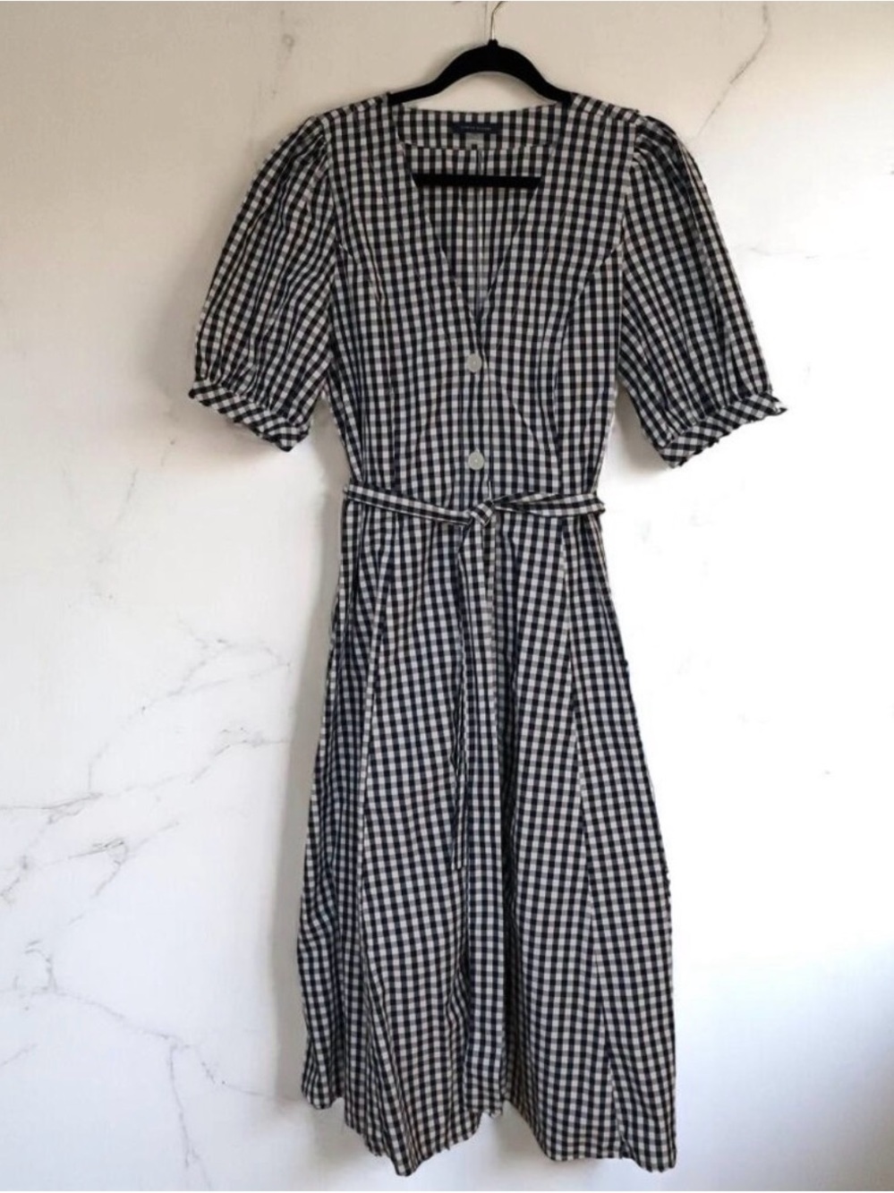 Tommy Hilfiger Navy and White Gingham Midi Dress with Tie Waist